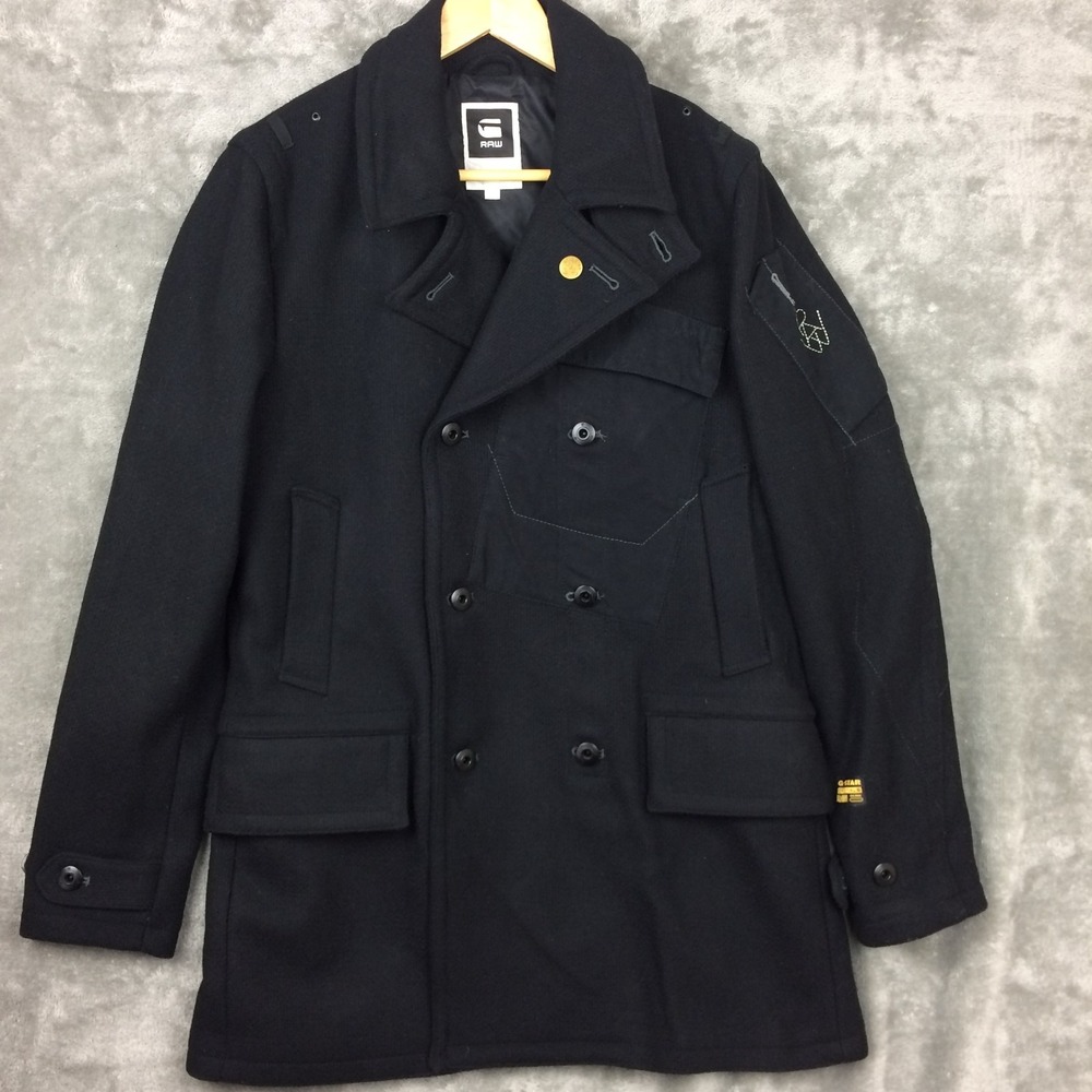 G Star Raw Jacket Mens Large Black Heavy Military Wool Blend Overcoat Peacoat
